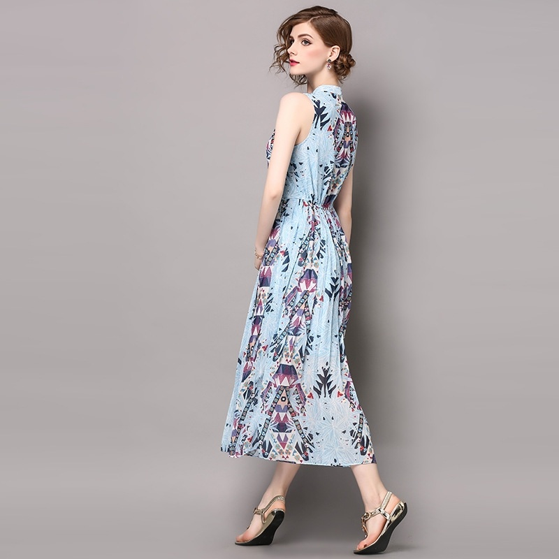 Fashion High Collar Sleeveless Floral Print Hem Pleated Maxi Dress |