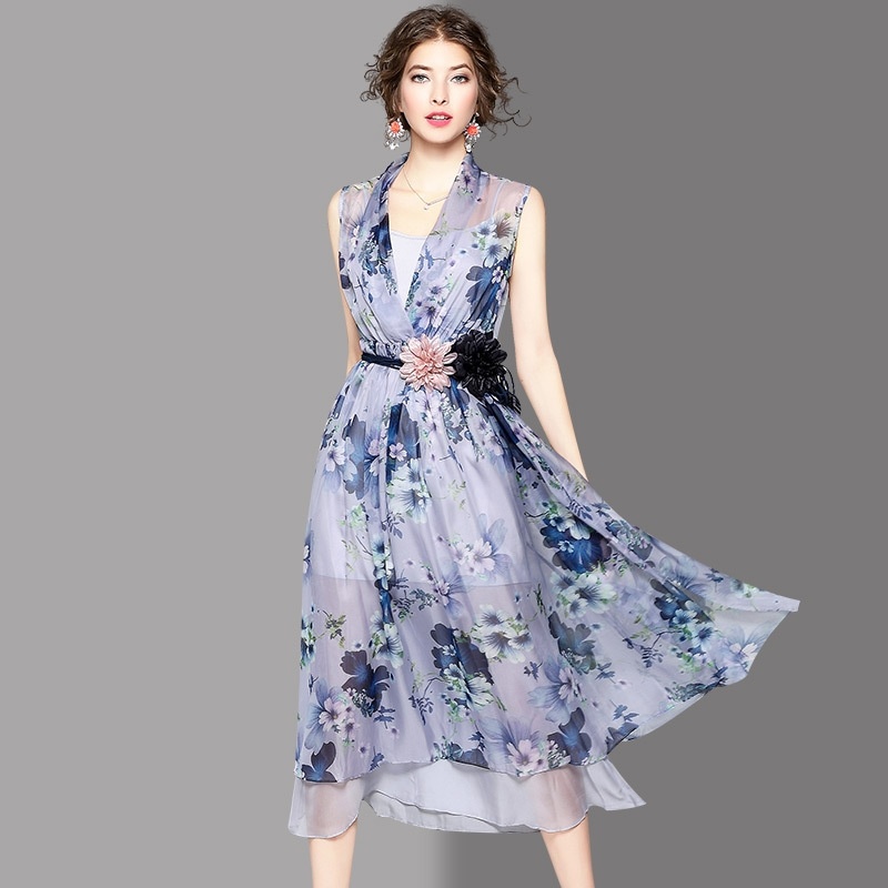 Élégant Col En V Sans Manches Double Couche Floral Imprimer Robe Avec Ceinture