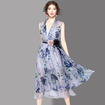 Eleganten V-Ausschnitt Ärmelloses Double-Layer-Floral Print Kleid Mit Blume In Der Taille