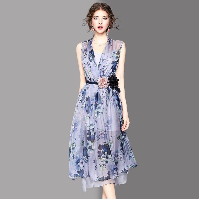 Eleganten V-Ausschnitt Ärmelloses Double-Layer-Floral Print Kleid Mit Taille