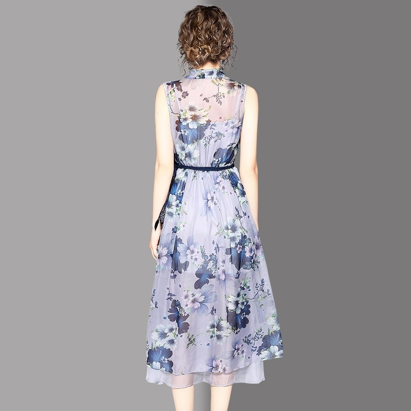 Élégant Col En V Sans Manches Double Couche Floral Imprimer Robe Avec Ceinture