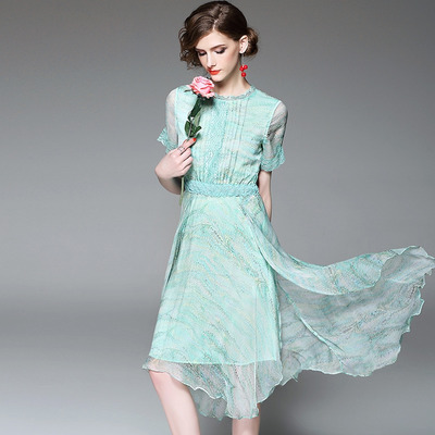Elegante Seide, Rundhalsausschnitt Im Double-Layer-Floral Print Kleid Mit Spitze