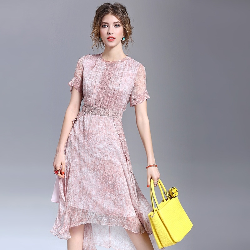 Élégant En Soie Col Rond Double Couche Floral Imprimer Robe Avec De La Dentelle