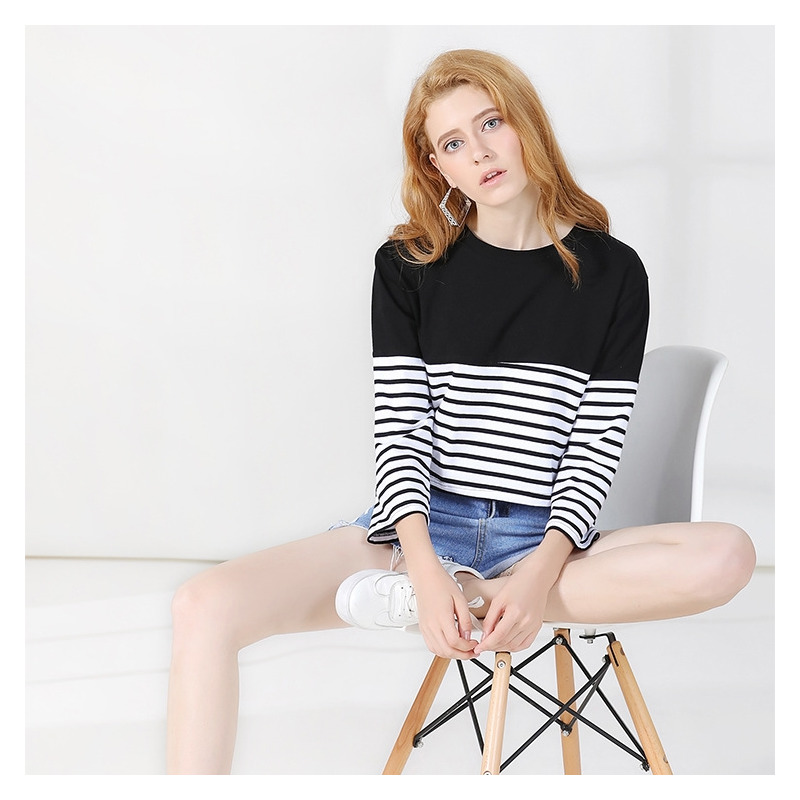 Einfachen Stil Runde Hals Streifen Lose Lange Ärmel T-Shirt | VoguesUs