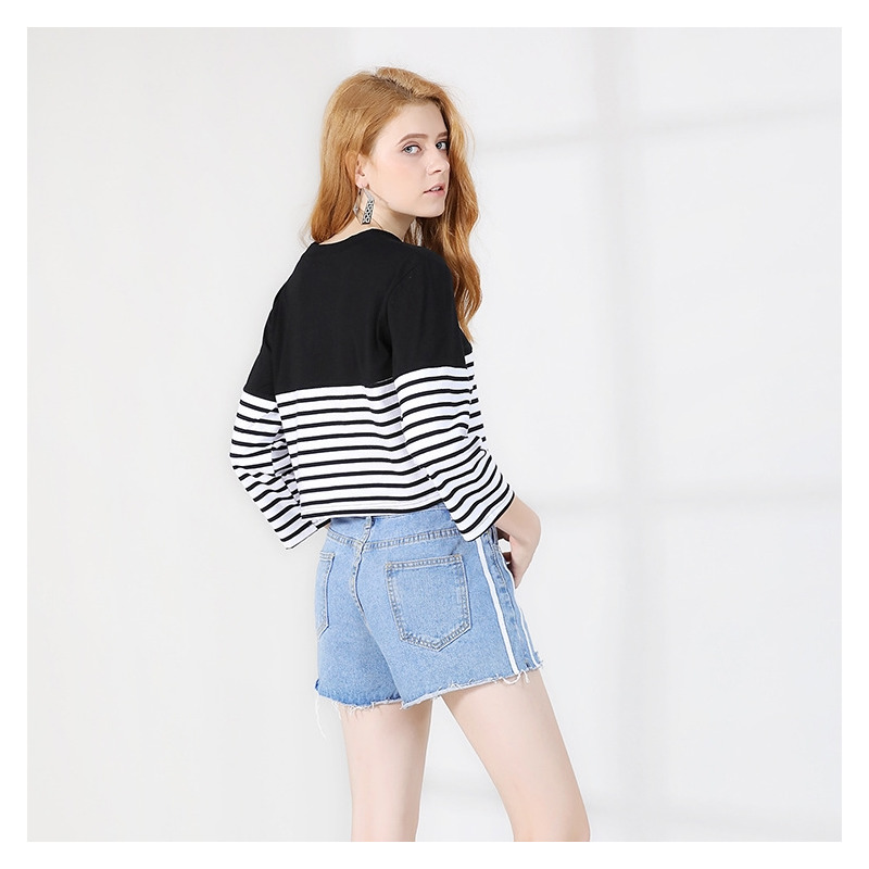 Einfachen Stil Runde Hals Streifen Lose Lange Ärmel T-Shirt | VoguesUs