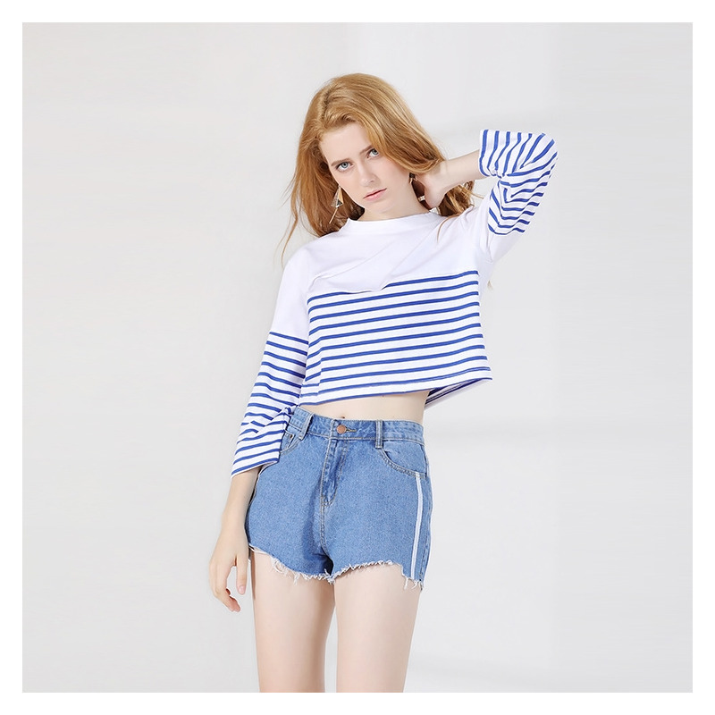 Einfachen Stil Runde Hals Streifen Lose Lange Ärmel T-Shirt | VoguesUs