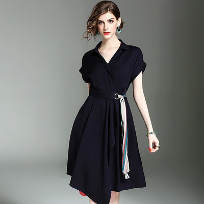 Midnight Blue V-Ausschnitt Asymmetrischen Kleid Mit Ring-Gürtel | VoguesUs