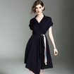 Midnight Blue V Neck Asymmetrical Dress With Ring Belt