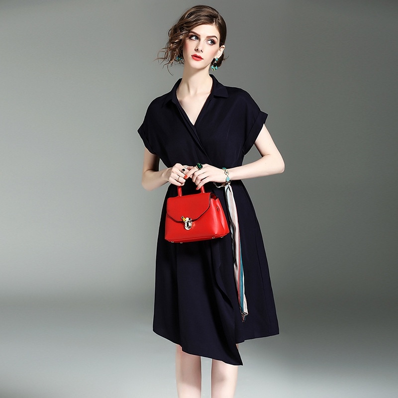Midnight Blue V Neck Asymmetrical Dress With Ring Belt | VoguesUs