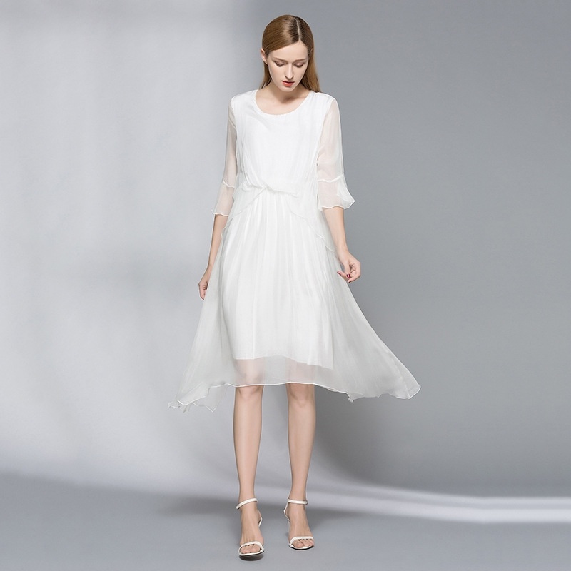 Elegante Seiden-Mesh-Schicht Flöte Ärmel-Rundhalsausschnitt A-Linie Kleid |