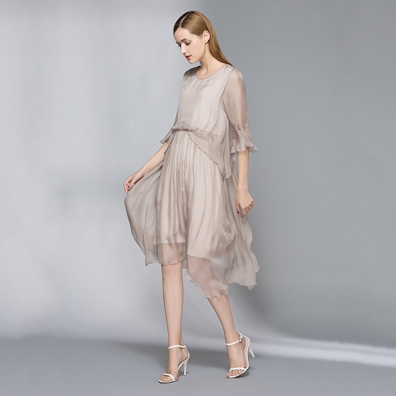 Elegante Seiden-Mesh-Schicht Flöte Ärmel-Rundhalsausschnitt A-Linie Kleid |
