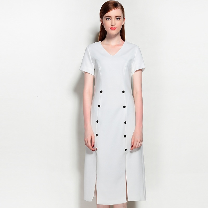 Simple Style V Neck Short Sleeve Split Midi Dress With Double Button