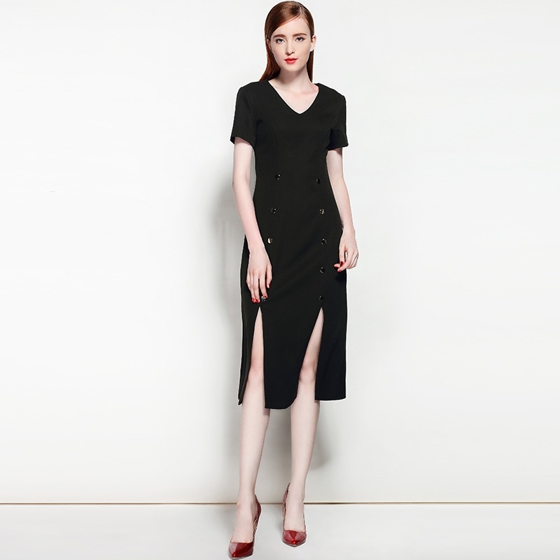 Simple Style V Neck Short Sleeve Split Midi Dress With Double Button