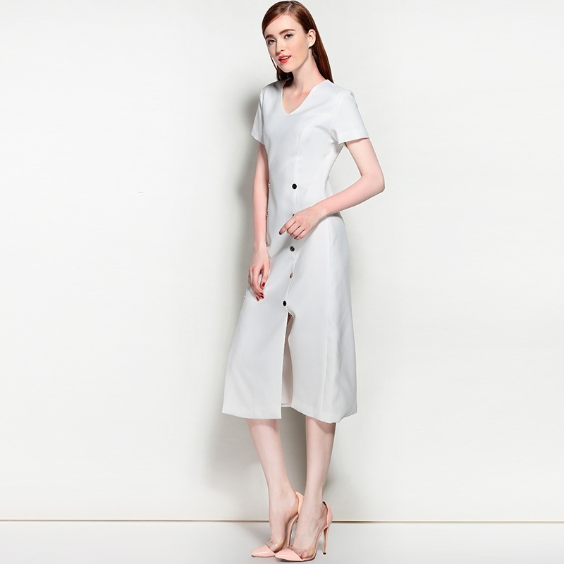 Estilo Simple De Cuello V Manga Corta Dividir Vestido Midi Con Doble