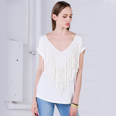 White V Neck Short Sleeve Tassel Front Blouse | VoguesUs