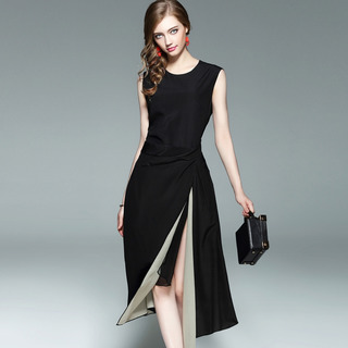 Style Simple Noir Col Rond Sans Manches Split Robe | VoguesUs