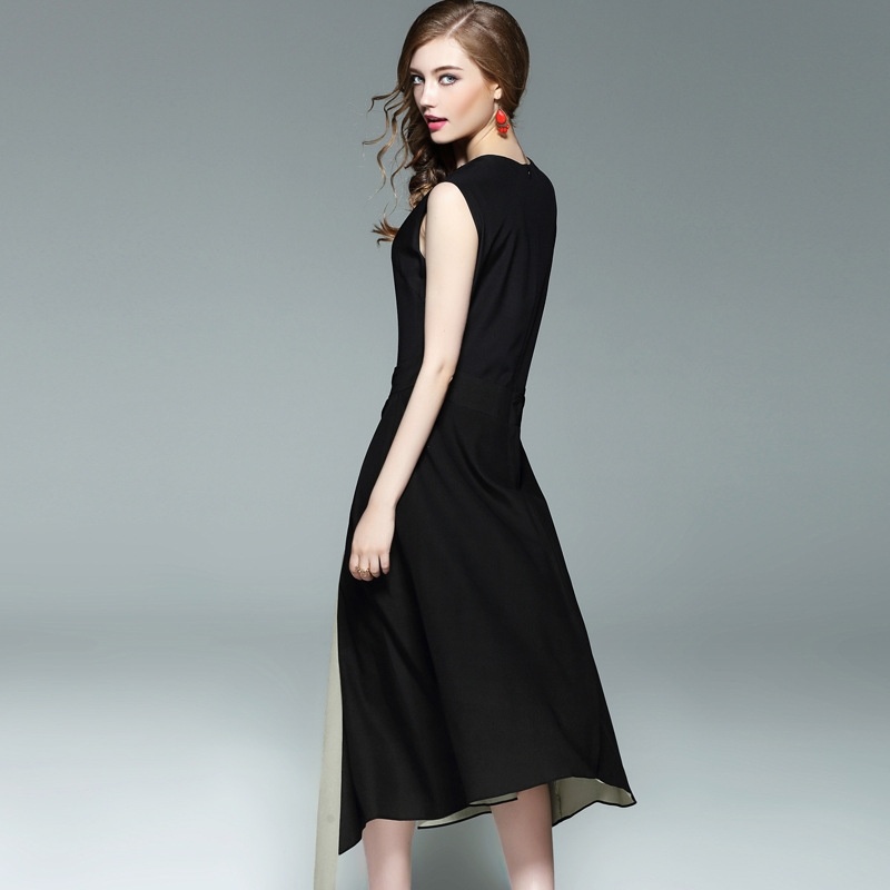 Einfachen Stil Schwarz-Rundhalsausschnitt-Ärmellos Split Kleid | VoguesUs