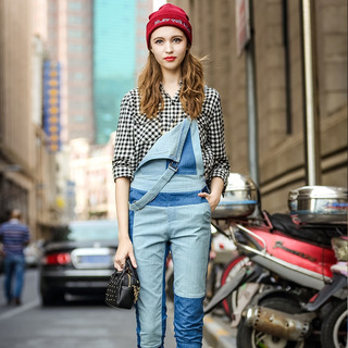 Hohe Taille Kontrast-Verstärkte Jeans Denim Overall | VoguesUs