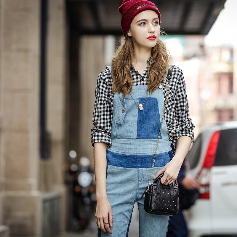 Taille Haute Contraste Épissé Jeans Denim Jumpsuit | VoguesUs