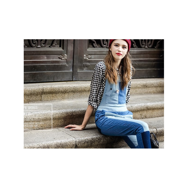 Taille Haute Contraste Épissé Jeans Denim Jumpsuit | VoguesUs
