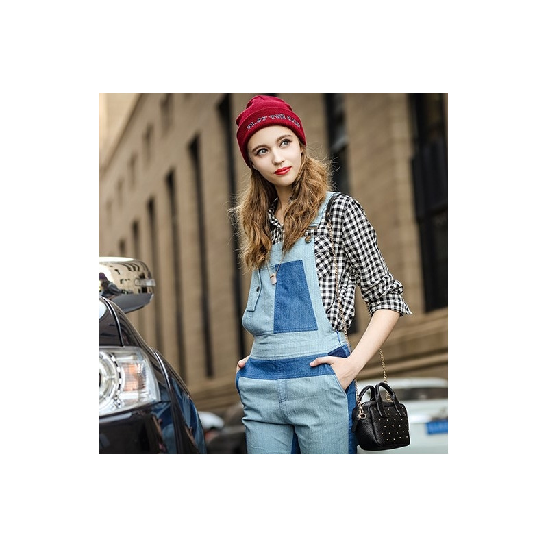 Taille Haute Contraste Épissé Jeans Denim Jumpsuit | VoguesUs