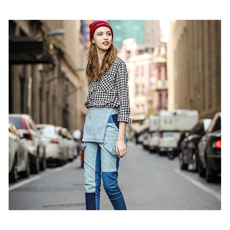 Taille Haute Contraste Épissé Jeans Denim Jumpsuit | VoguesUs