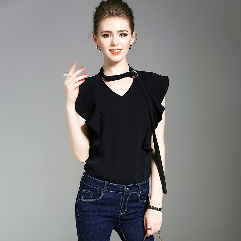 Chiffon Sleeveless Ruffle Front T-shirt With Choker Neck | VoguesUs