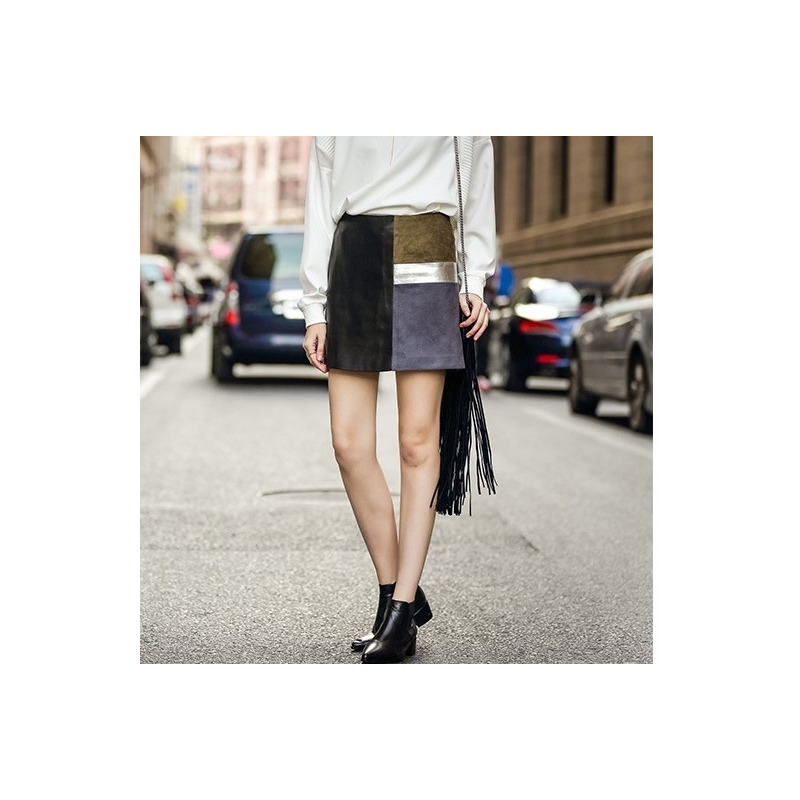 PU-Leder Stitching Contrast Gespleißt Rock | VoguesUs