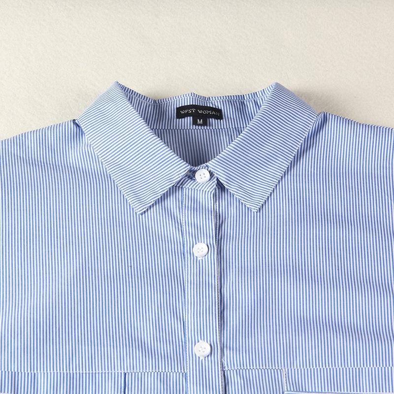 Blau Gestreiften Revers-Strickjacke Langarm-Shirt | VoguesUs