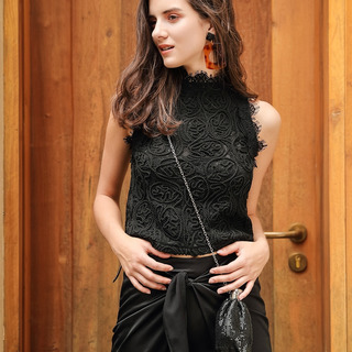 Sexy Schwarzer Gestrickte Stil Ärmellose Spitzen-Bluse | VoguesUs