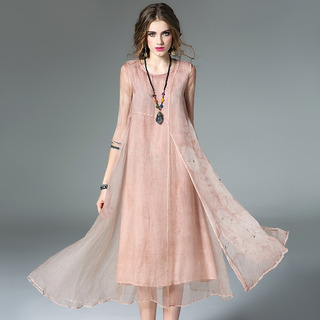 Vintage Silk Half Sleeve Round Neck Split Mesh A Line Dress | VoguesUs