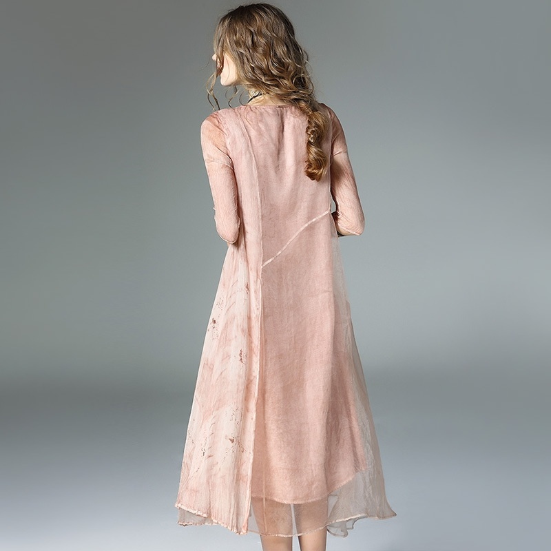 Vintage Seide Halbe Ärmel Runde Hals Split Mesh A-Line Kleid | VoguesUs