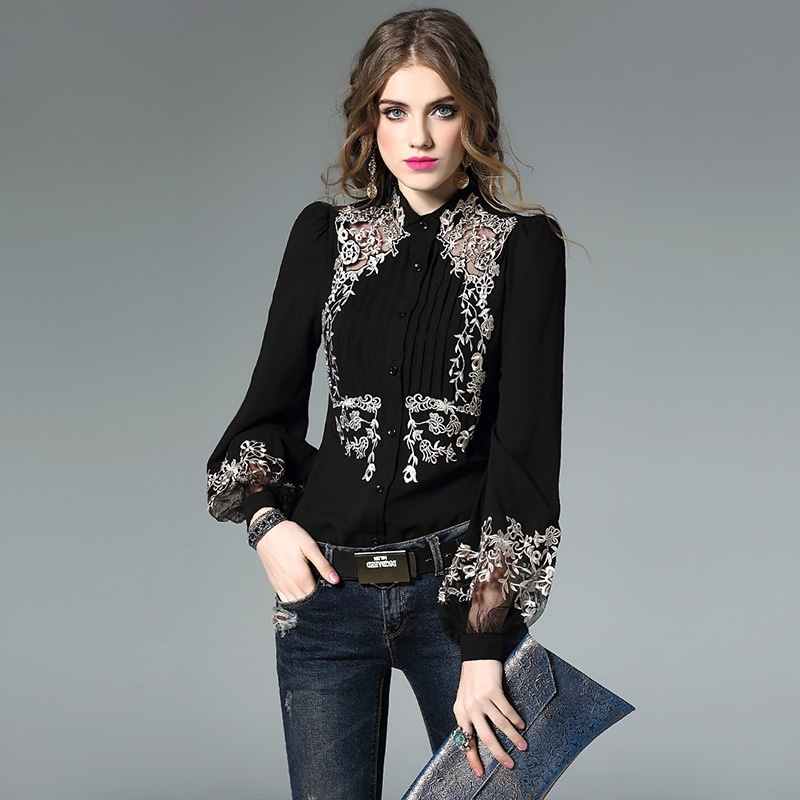 Alto Cuello Bordado De Flores Cutwork Camisa De Seda Con Volantes