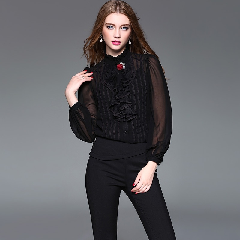 Lace Detail Long Sleeve Ruffle Front Shirt | VoguesUs