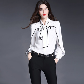 Manches Longues Couleur De Contraste Soie Chemise Avec La Cravate De Proue De Cou | VoguesUs