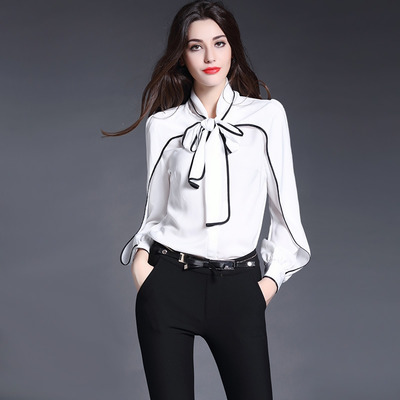 Long Sleeve Contrast Color Silk Shirt With Tie Up Bow Neck | VoguesUs