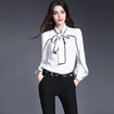 Long Sleeve Contrast Color Silk Shirt With Tie Up Bow Neck