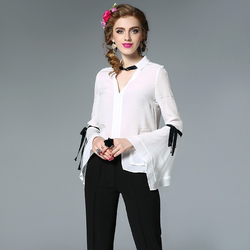 Soie Artificielle Col En V Grand Drame T-Shirt À Manches | VoguesUs