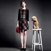 Round Necked Checked Knitted Spliced Woolen Dress