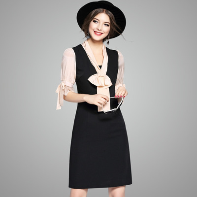 Halbe Sleeve Spliced-Midi-Kleid Mit Tie Bow Hals | VoguesUs
