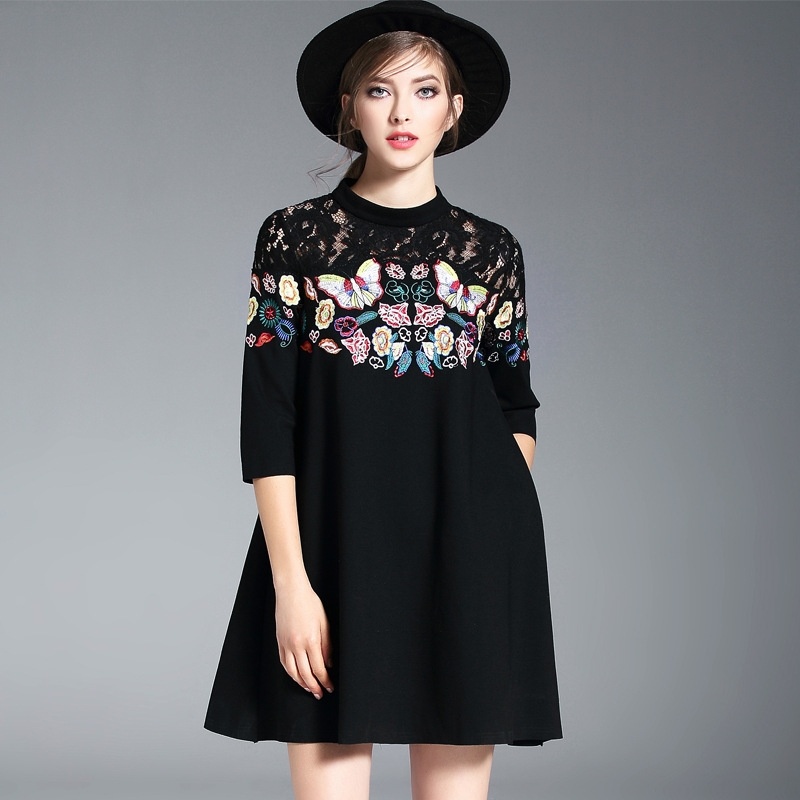 Floral Butterfly Embroidery Lace Stitching A Line Dress | VoguesUs