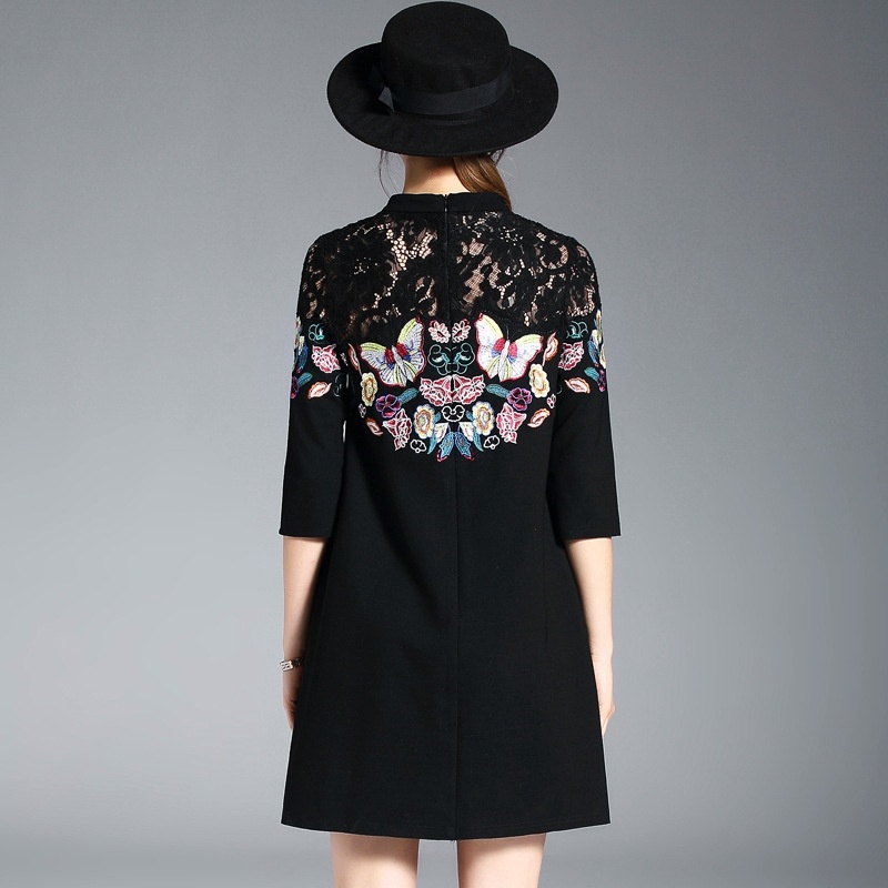 Floral Butterfly Embroidery Lace Stitching A Line Dress | VoguesUs