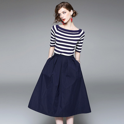 Bande En Tricot Moitié Manches T-Shirt Avec Une Ligne De Midi Jupe Set |