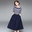 Stripe Knitted Half Sleeve T-Shirt With A Line Midi Skirt Set