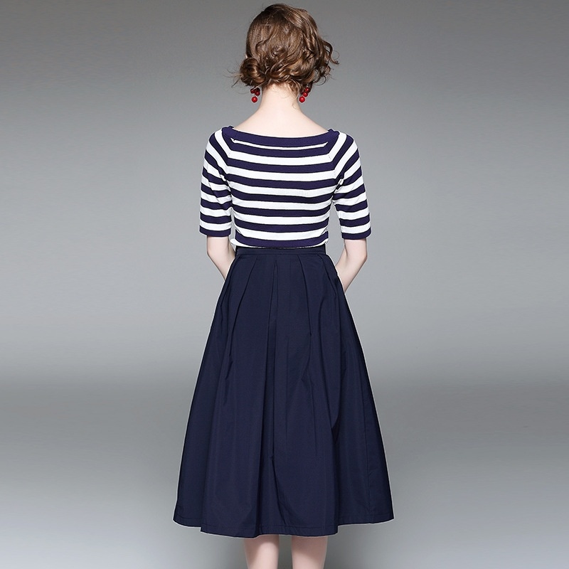 Bande En Tricot Moitié Manches T-Shirt Avec Une Ligne De Midi Jupe Set |