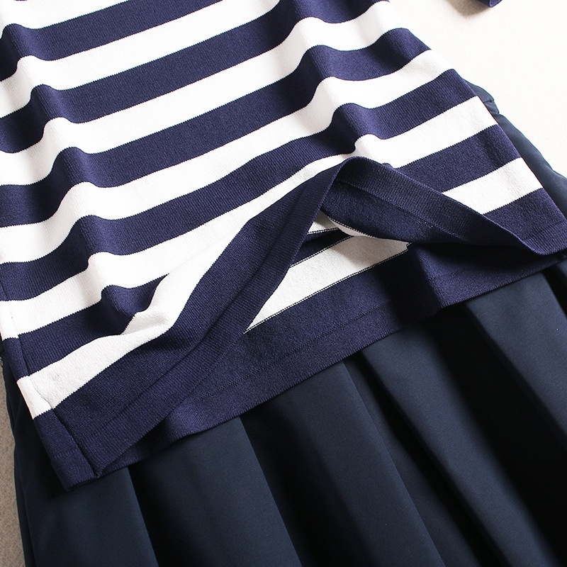 Stripe Knitted Half Sleeve T-Shirt With A Line Midi Skirt Set |