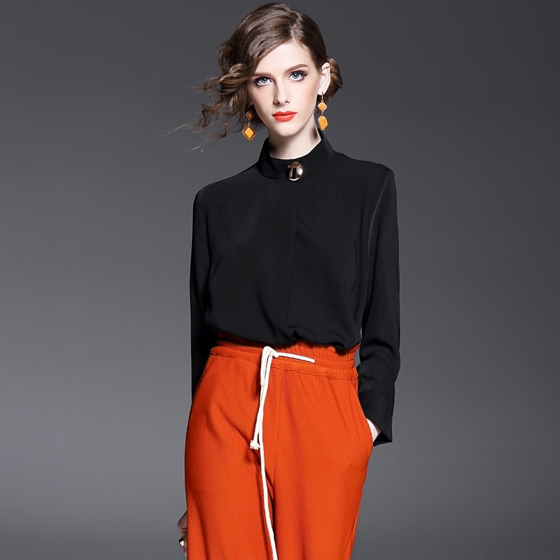 Col Haut Simple Bouton, De Manches Longues Blouse | VoguesUs