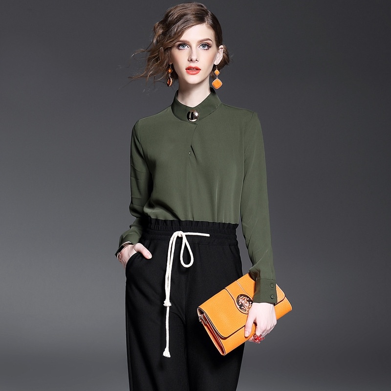 Col Haut Simple Bouton, De Manches Longues Blouse | VoguesUs