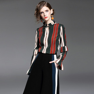 High Neck Tie Long Sleeve Spliced-Streifen-T-Shirt Mit Flöte Ärmel |