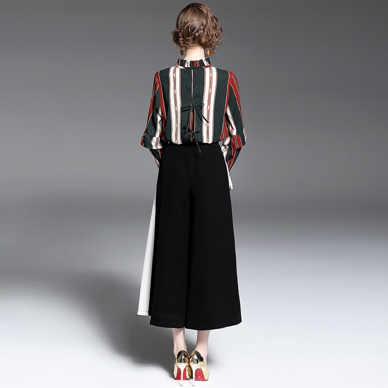 High Neck Tie Long Sleeve Spliced-Streifen-T-Shirt Mit Flöte Ärmel |